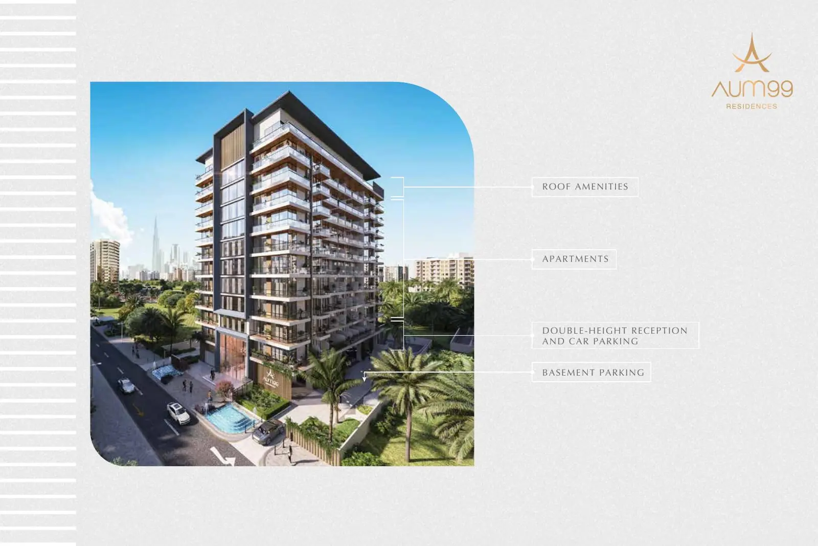 Tower with labels for roof amenities, apartments, parking