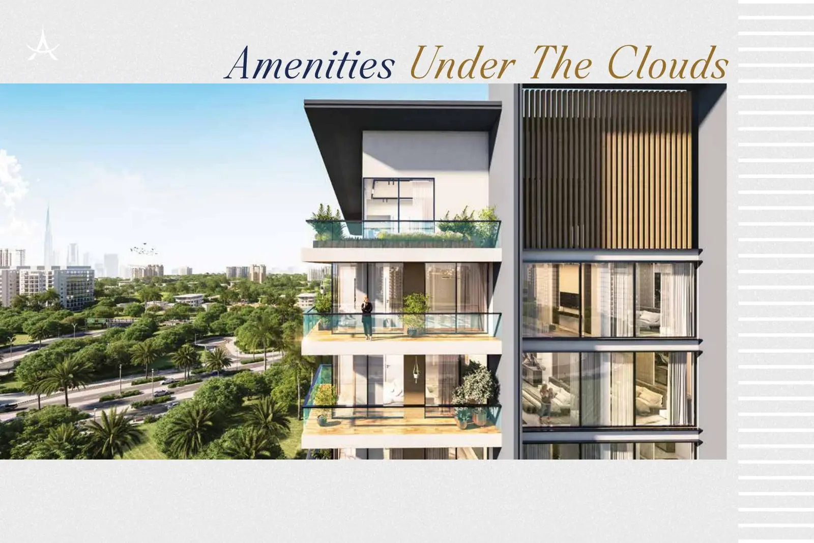 Upper floors with glass balconies and planting