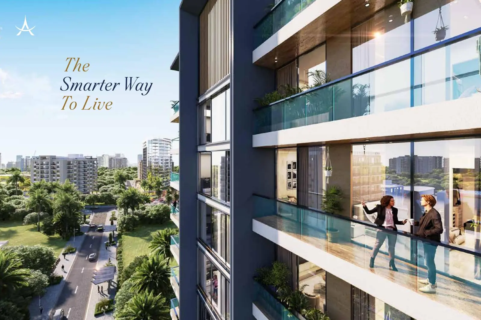 Balconies with glass rails and two people