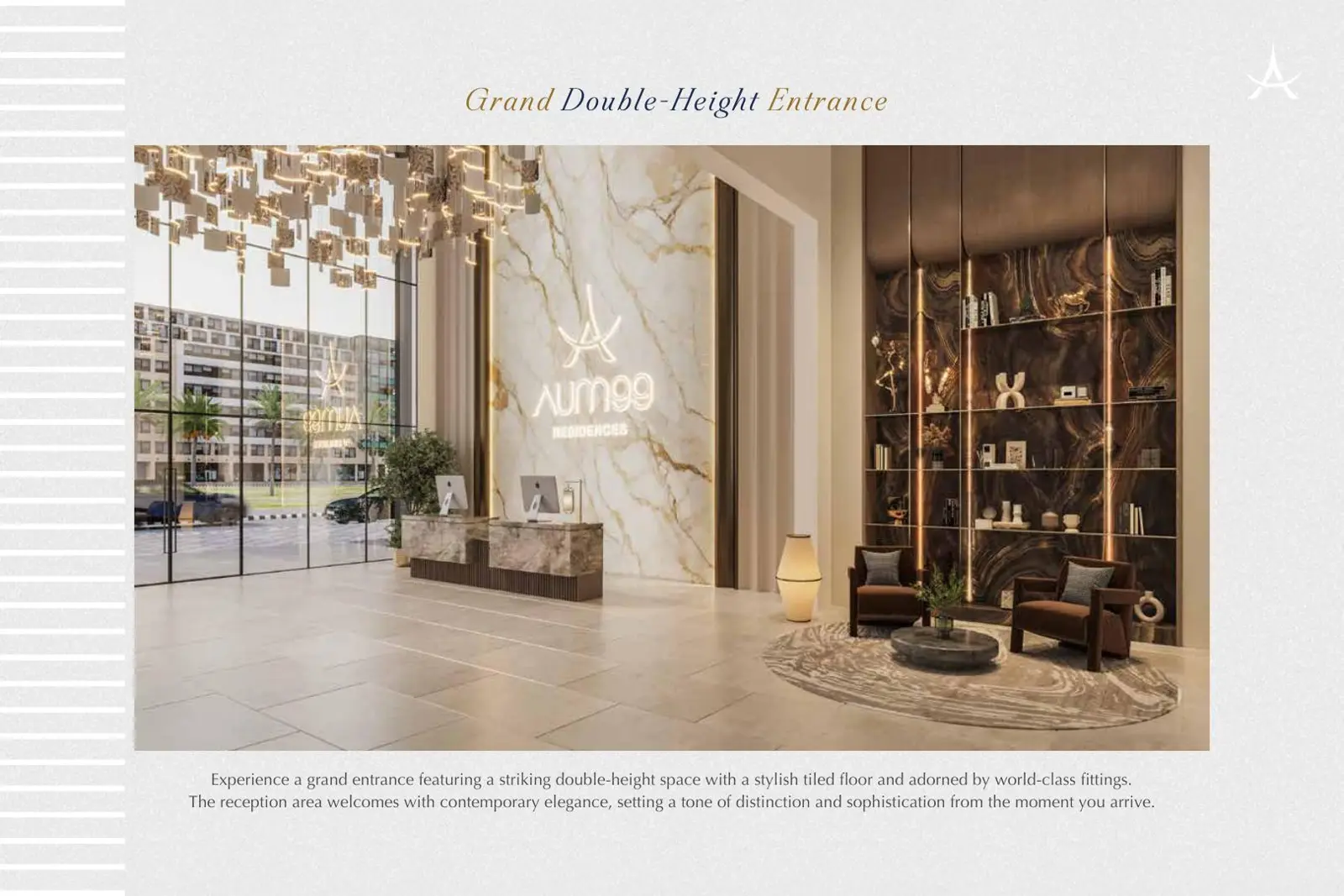 Double-height reception with marble wall and logo