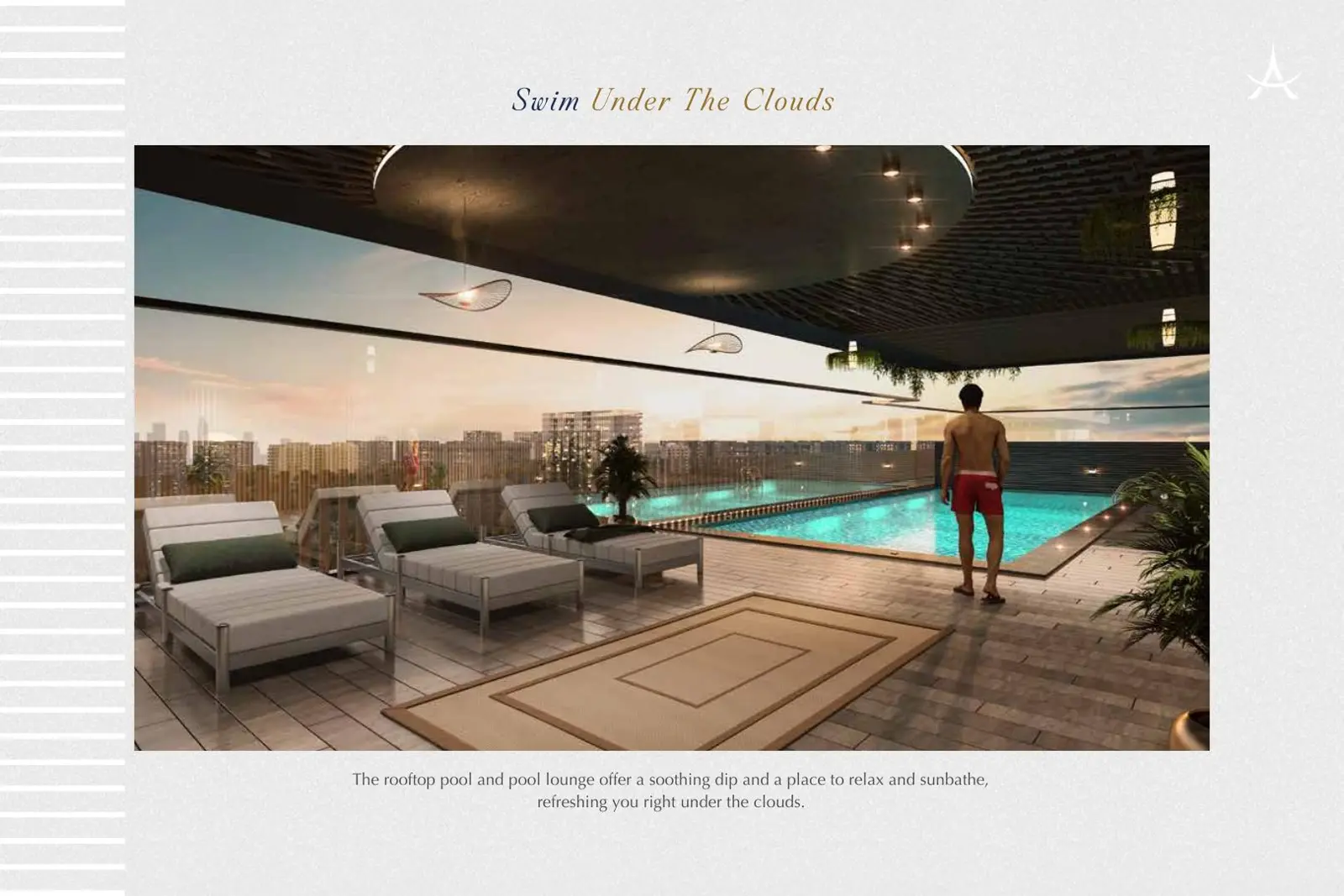 Rooftop pool and lounge chairs at dusk
