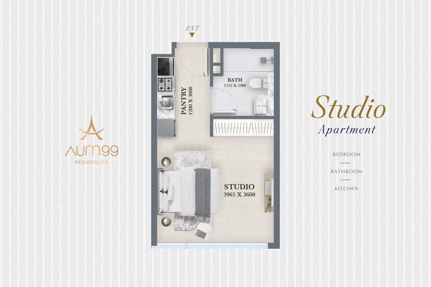 Studio apartment floor plan with dimensions