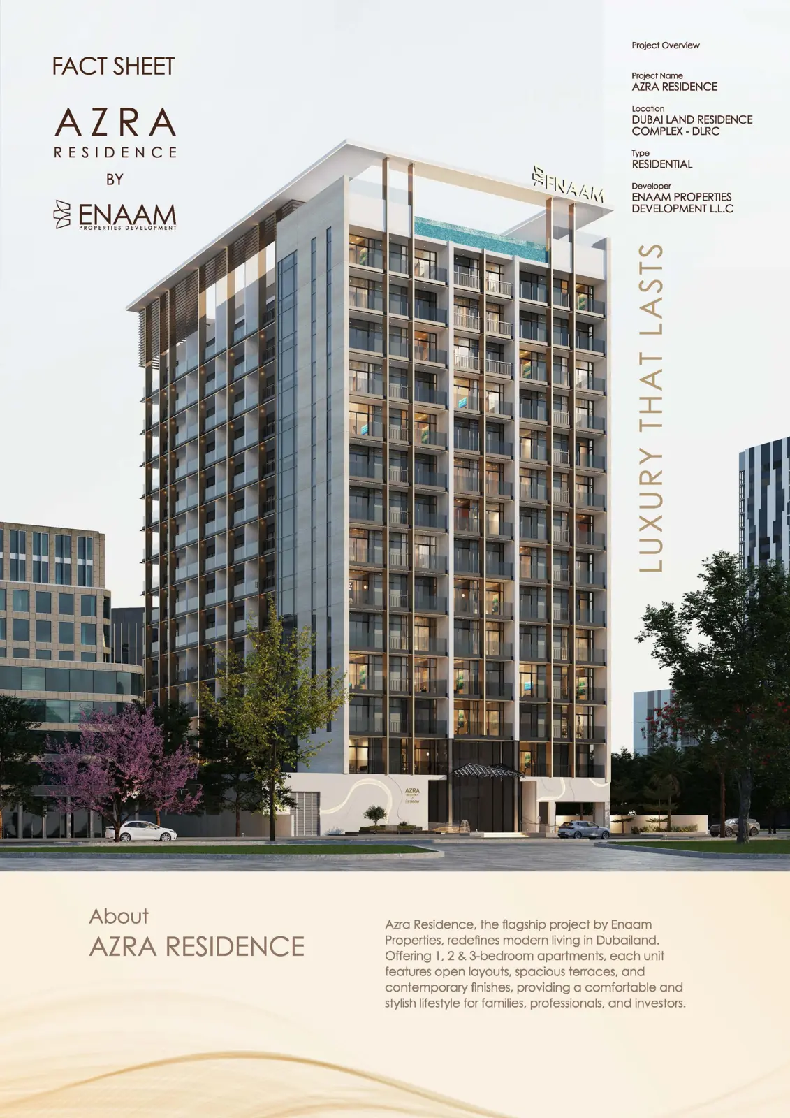 Fact sheet cover with tower render