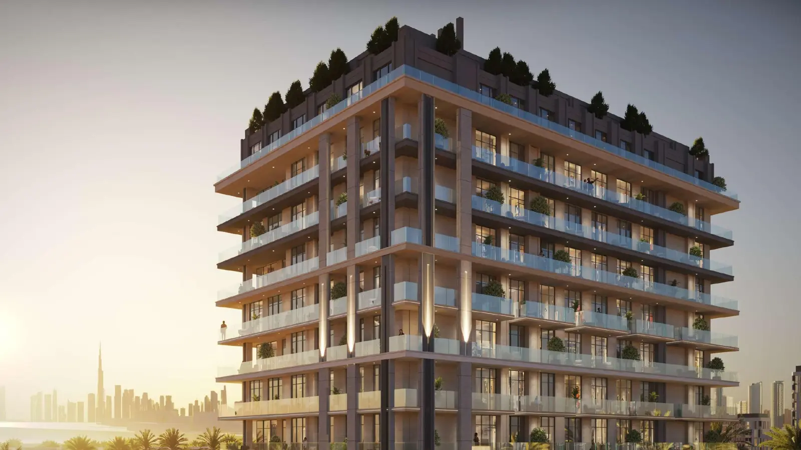 Upper floors with balconies and rooftop greenery