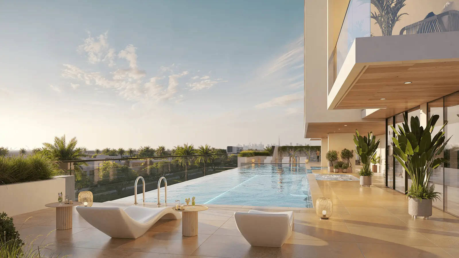 Pool deck with loungers and palm view