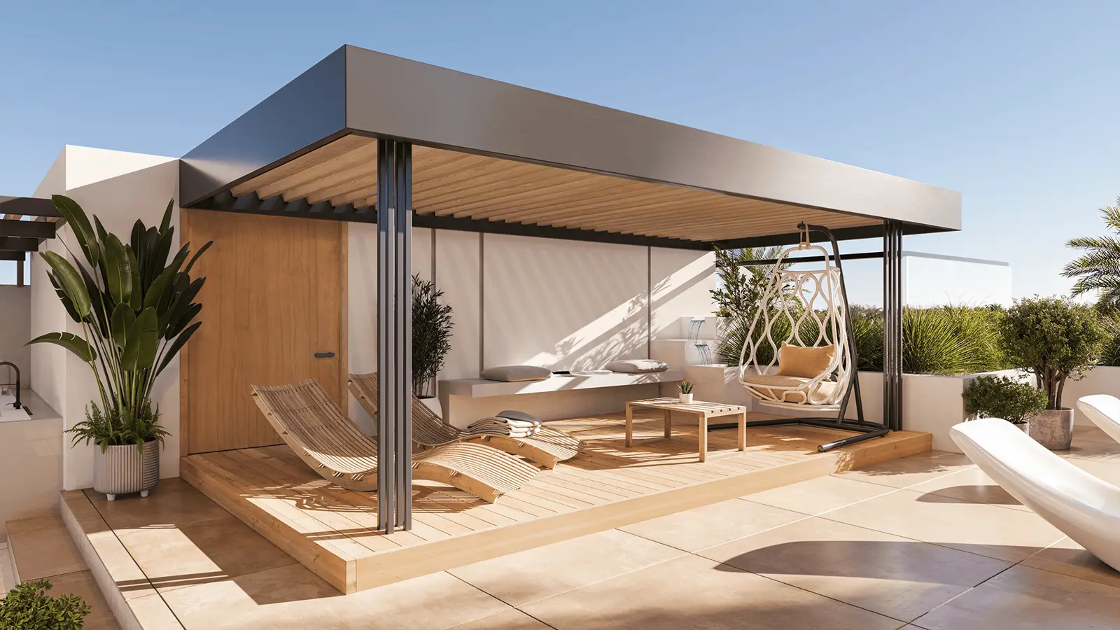 Rooftop terrace pavilion with loungers and swing