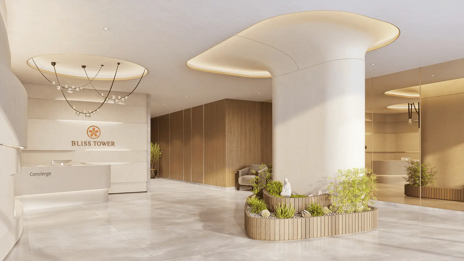 Reception lobby with concierge desk and logo
