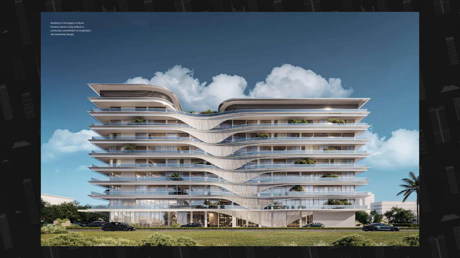 Wide view of the curved facade under blue sky