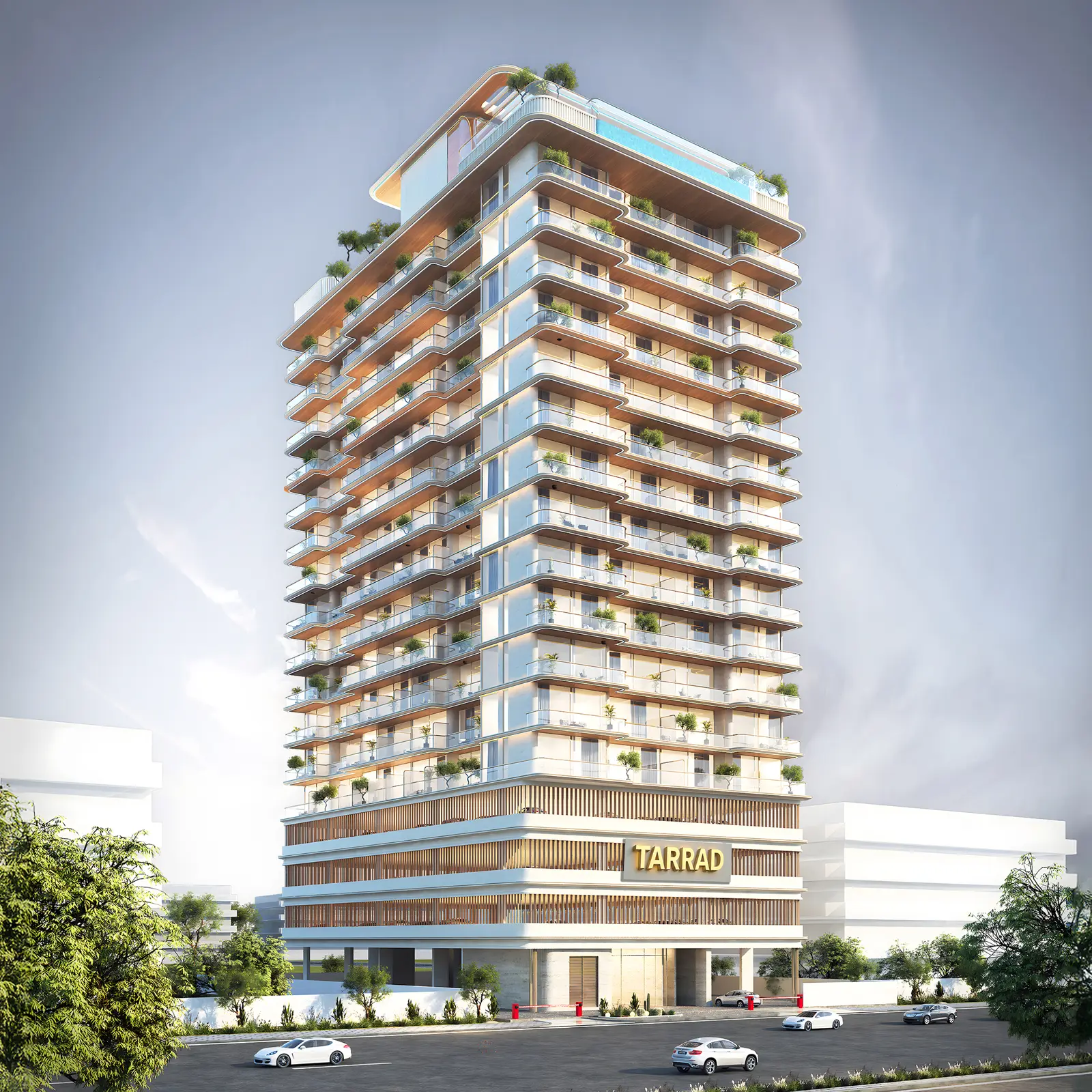 Tower with rooftop pool seen from street