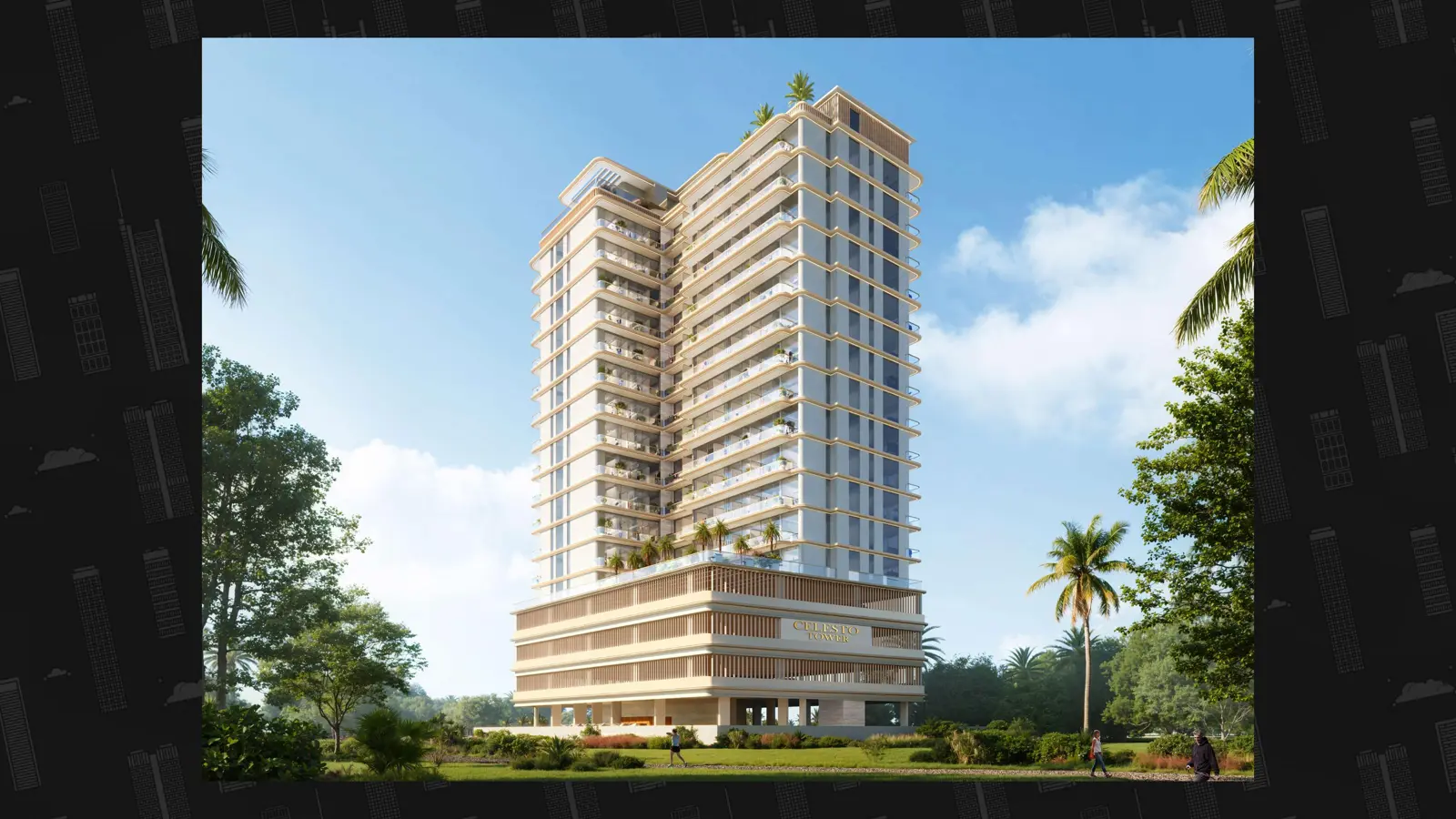 Tower with podium and landscaped grounds