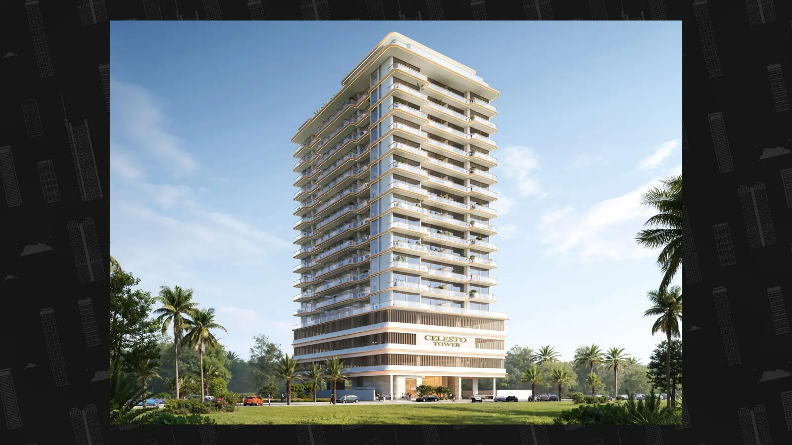 Tower facade with balconies and entrance