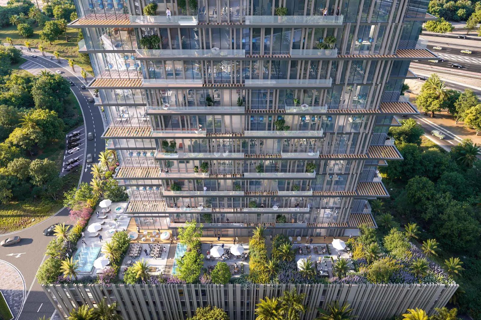 Aerial view of tower and podium gardens