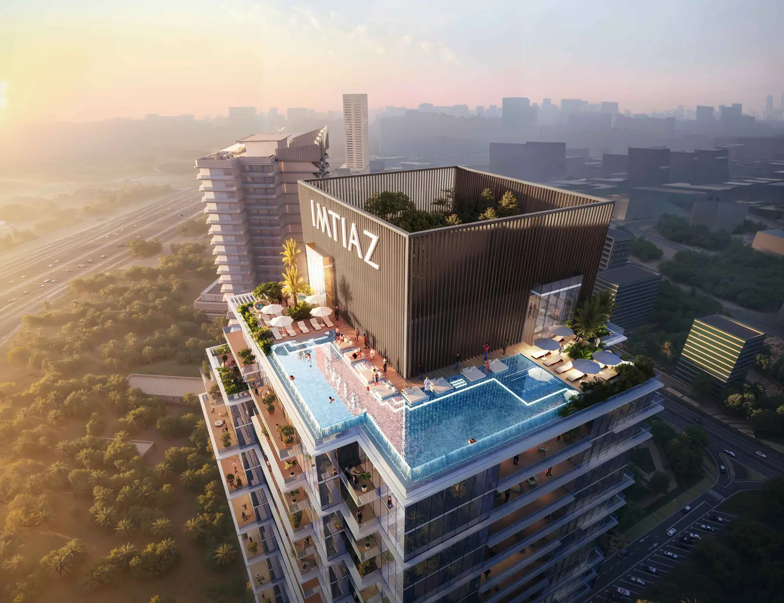 Aerial view of rooftop pool and Imtiaz sign