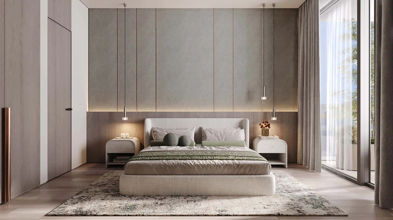 Bedroom with panelled wall and floor-to-ceiling window