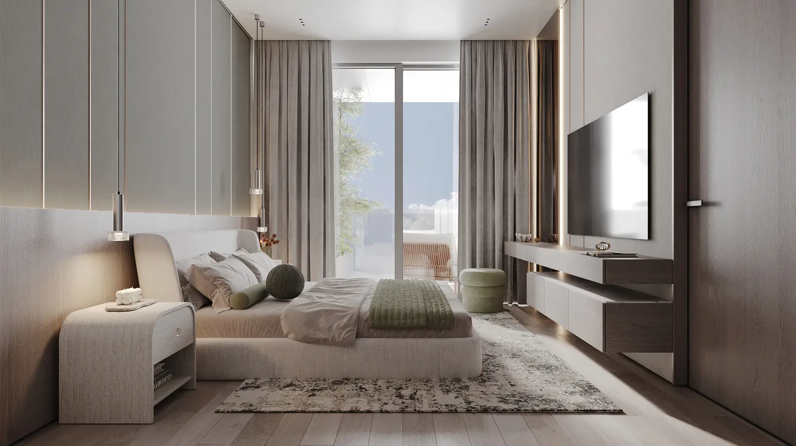 Bedroom with wall-mounted TV and balcony door