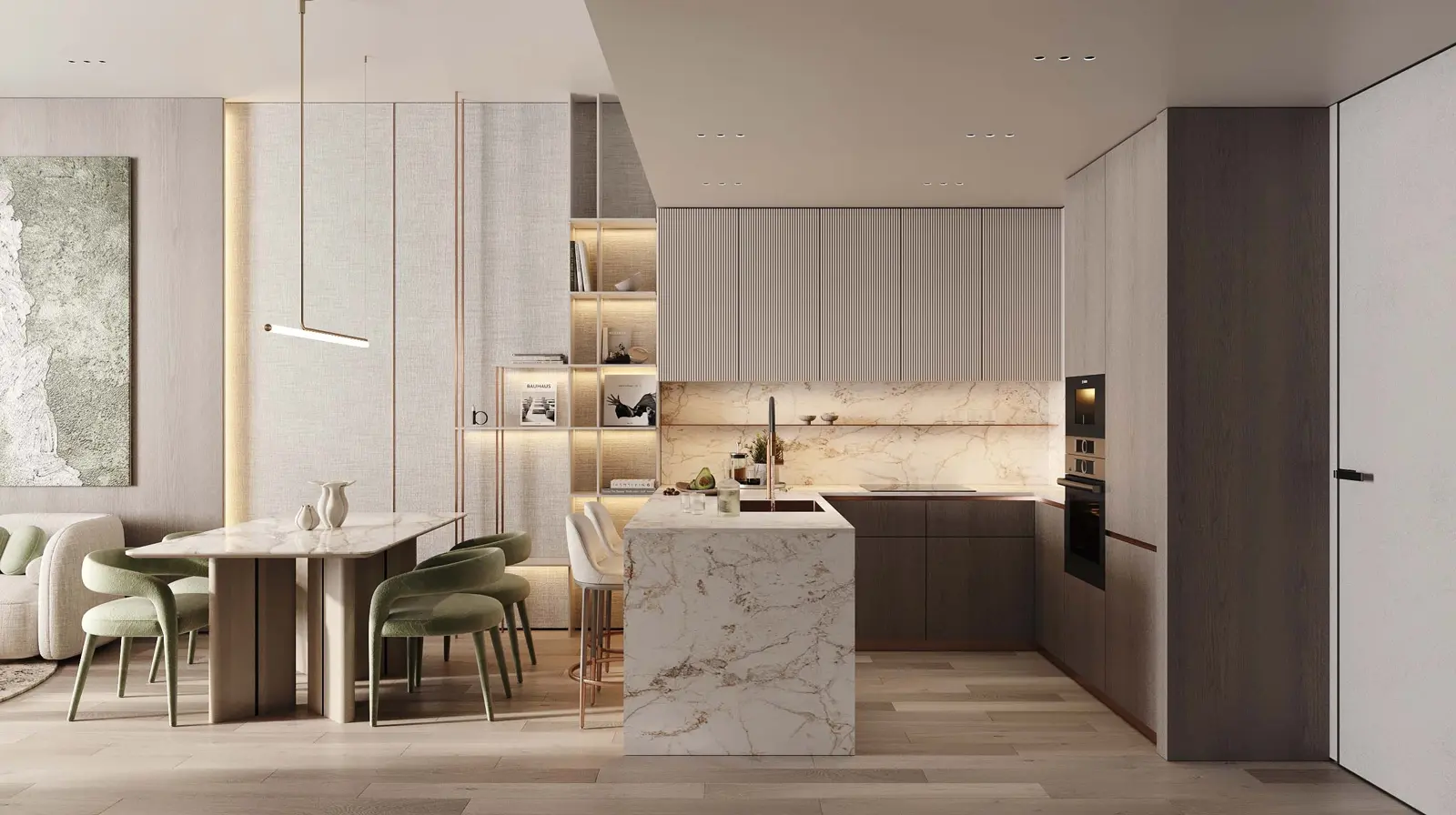 Kitchen with marble island and dining table