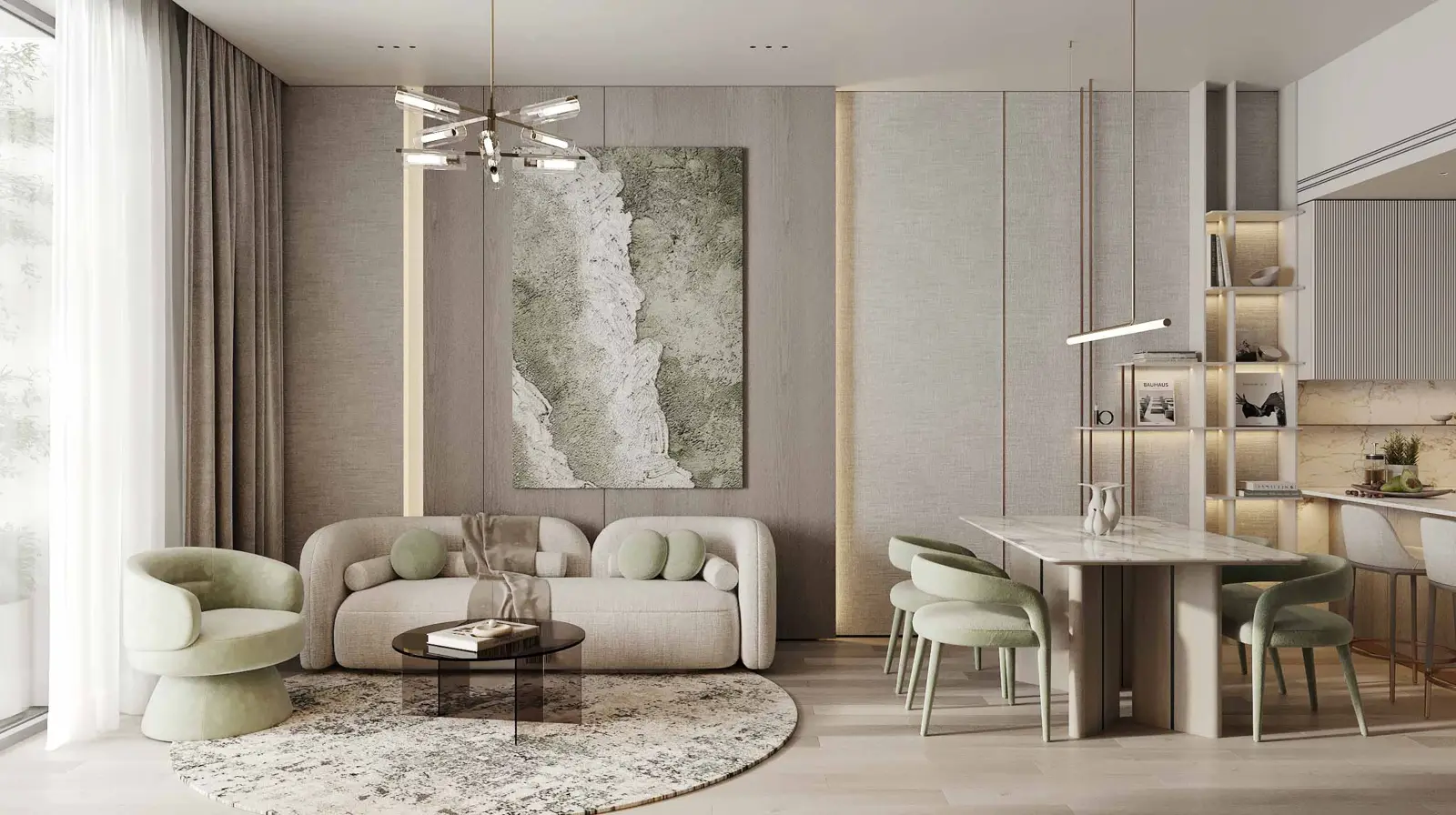 Living room with sofa, art panel and dining area