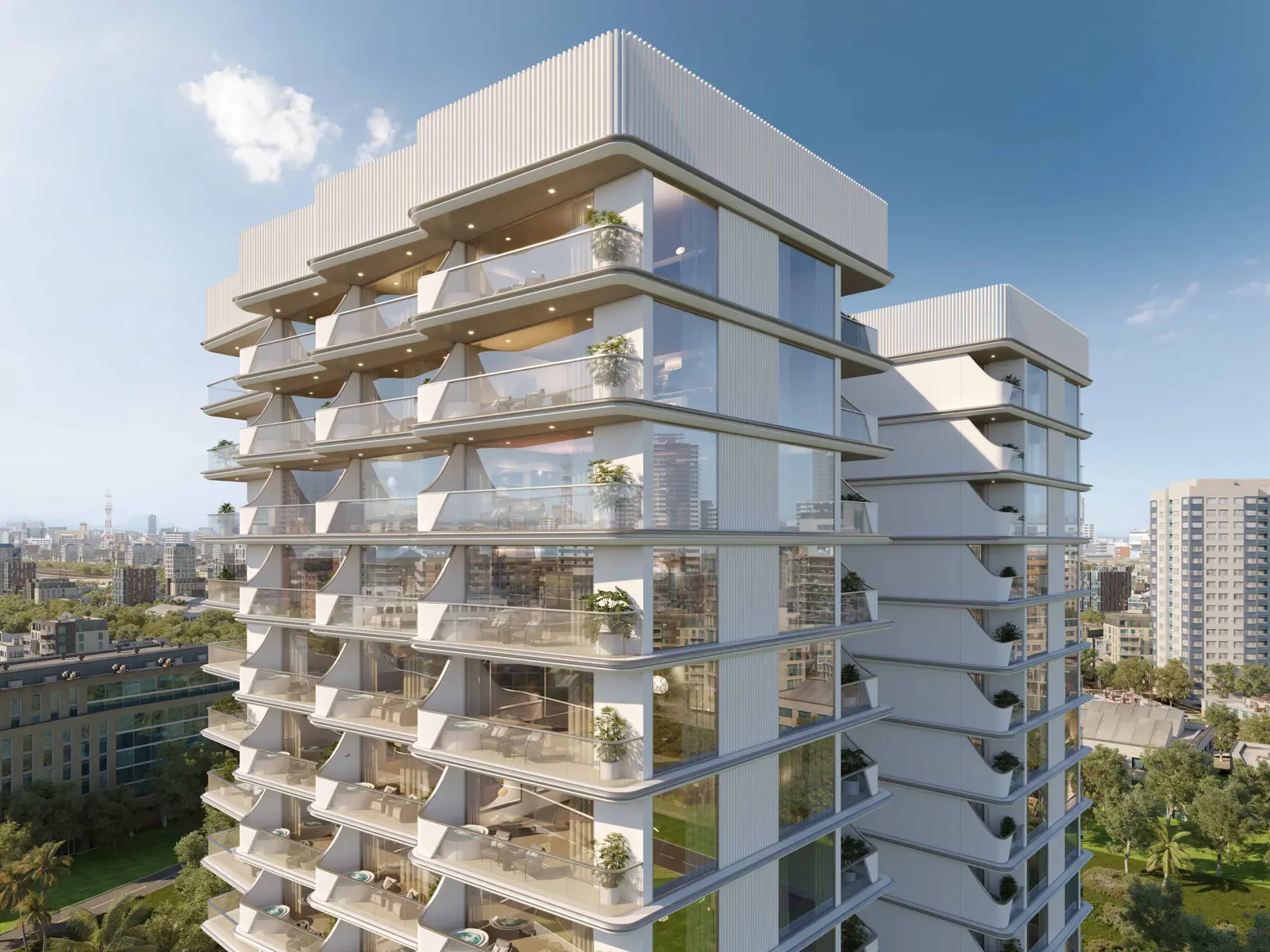 Top of both towers with balconies and roof