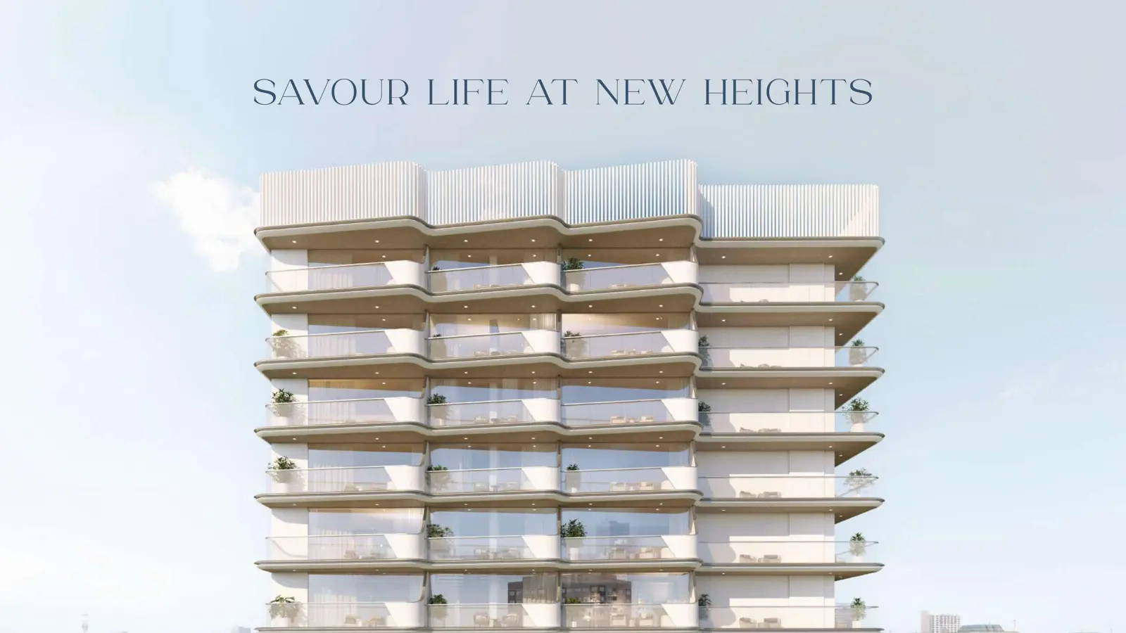 Close view of curved balconies on the tower