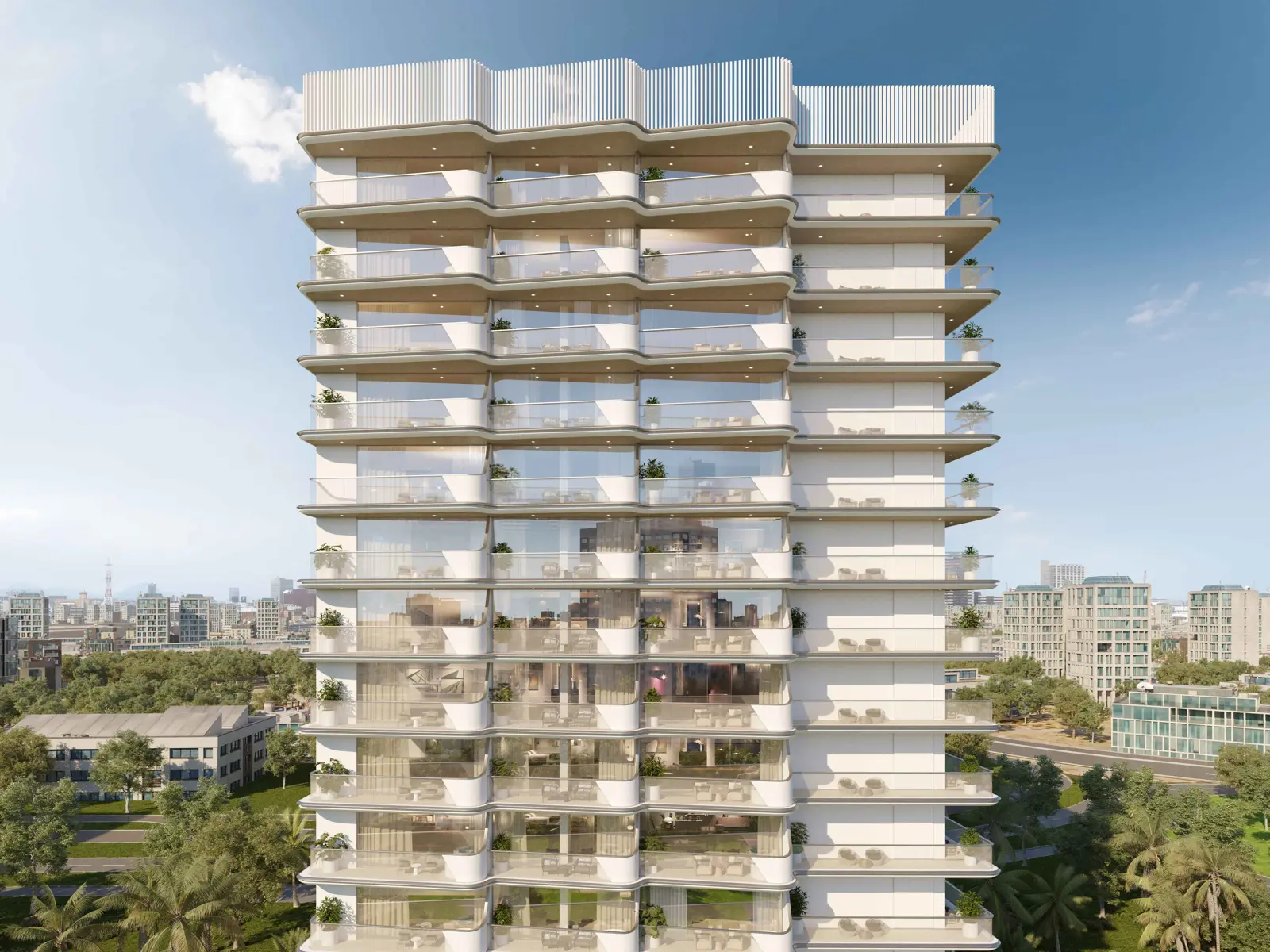 Tower facade with rooftop crown and balconies