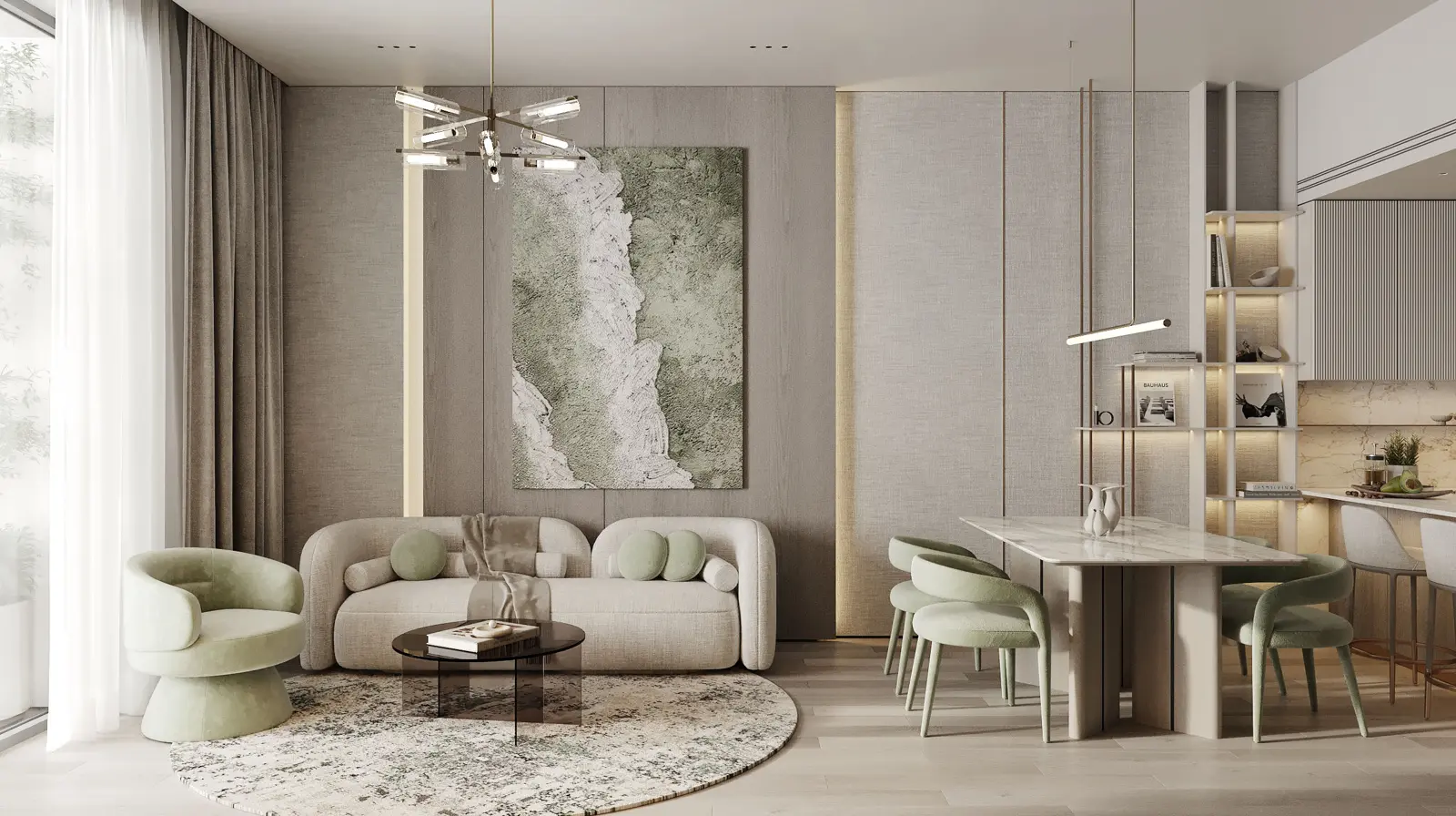 Living and dining area with green accent furniture
