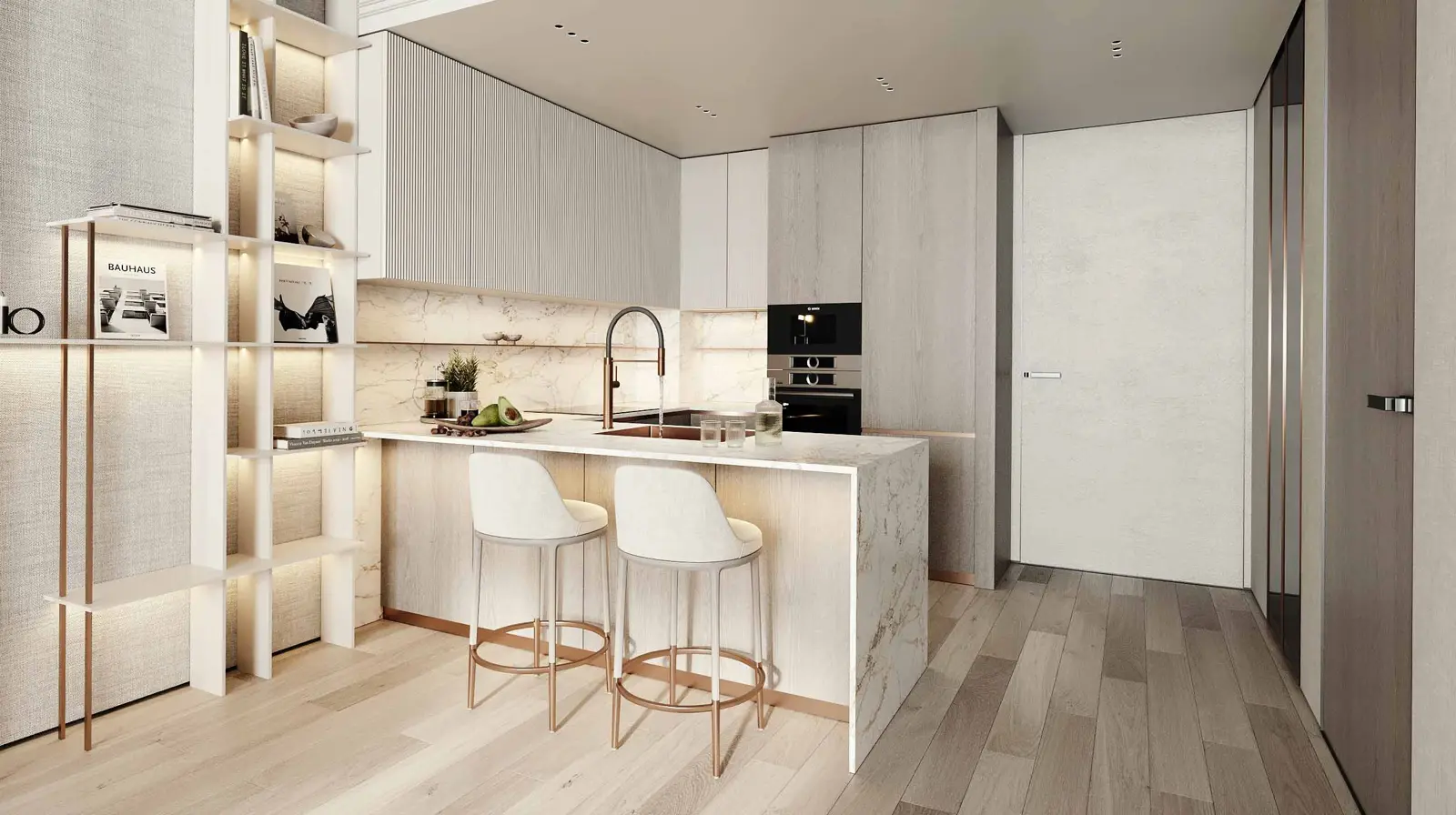 Kitchen with marble island and two stools