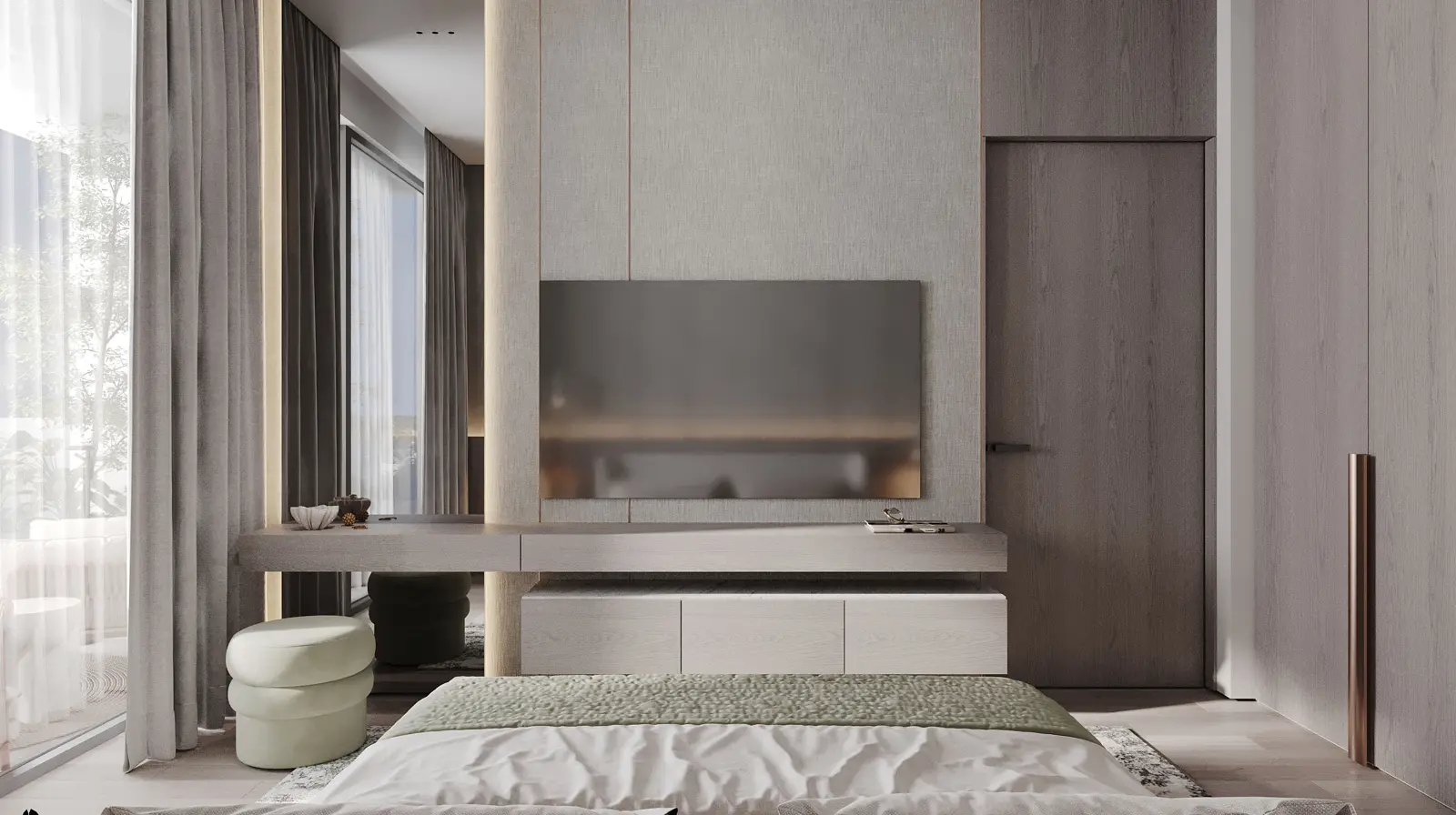Bedroom with bed, desk unit and TV panel