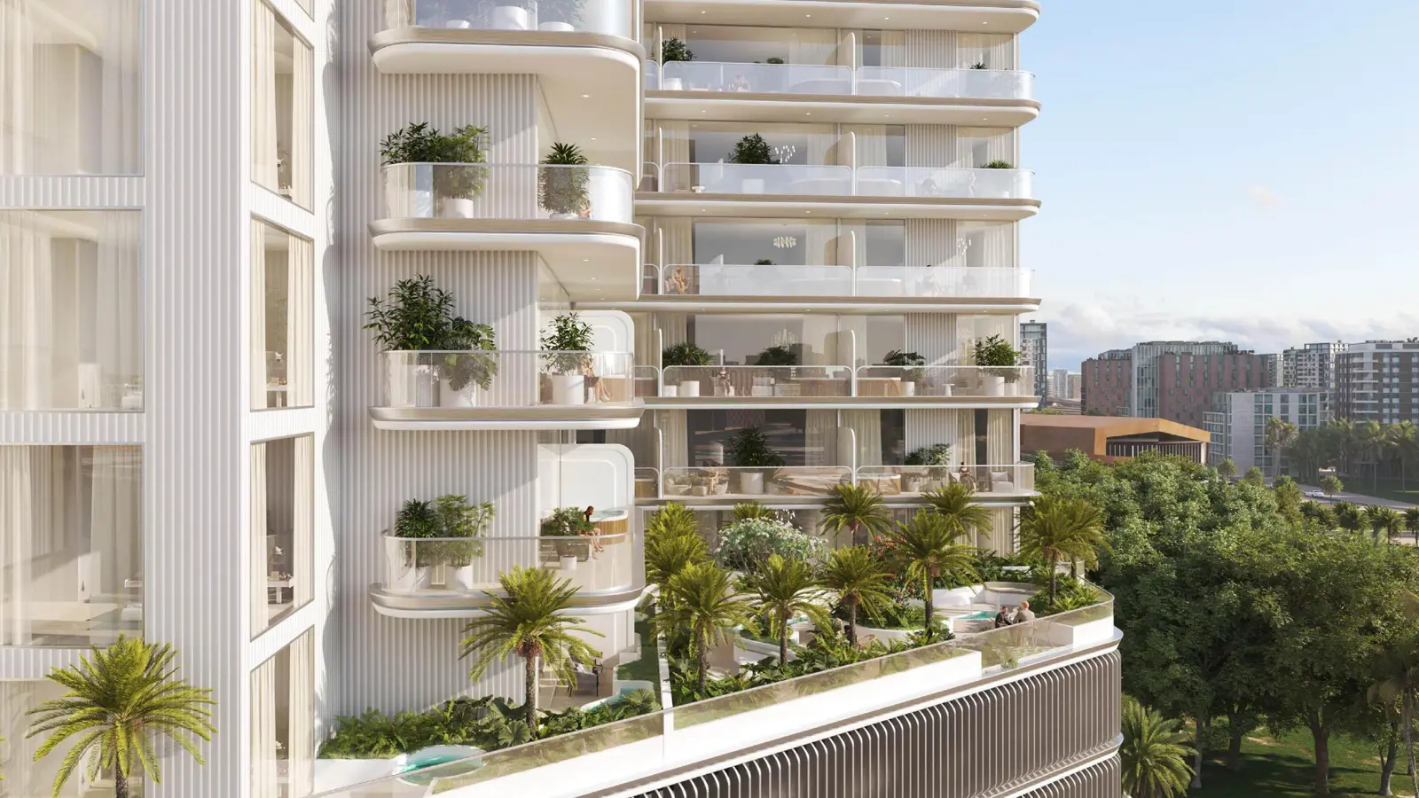 Curved planted balconies and terrace garden of the tower