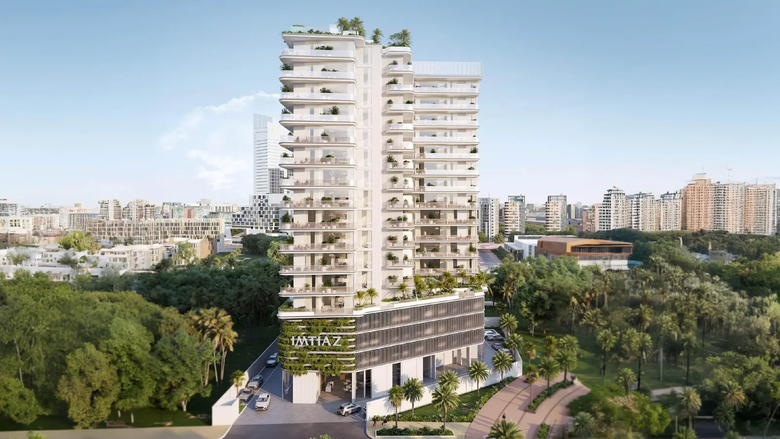 Full tower with podium, surrounded by greenery