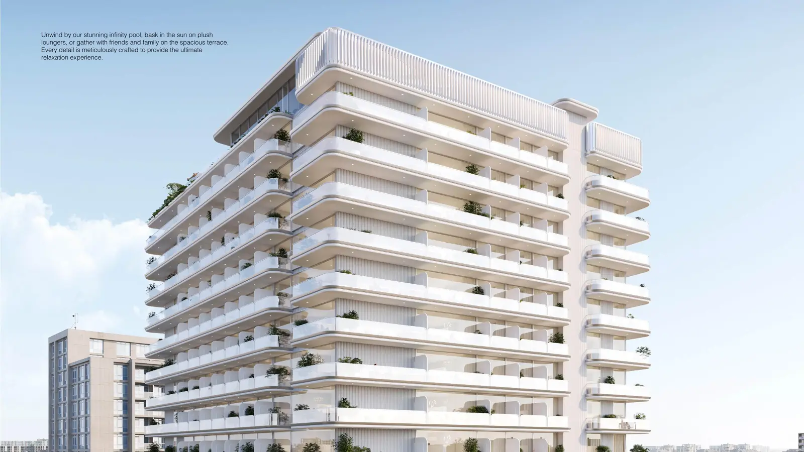Tower facade with curved white balcony edges