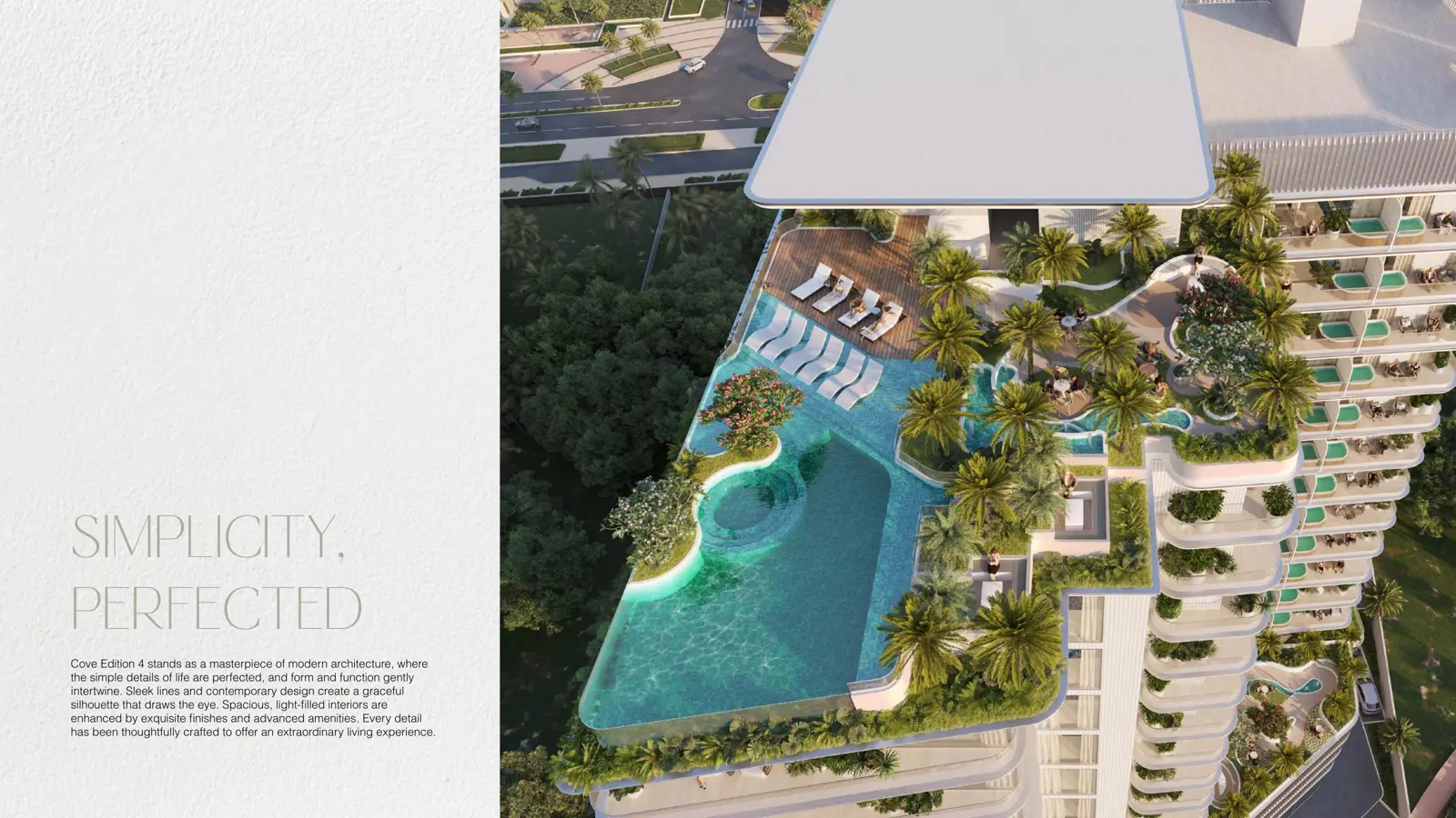 Aerial view of the rooftop infinity pool and gardens