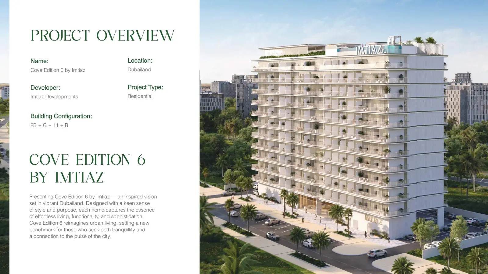 Tower seen from street with project overview text