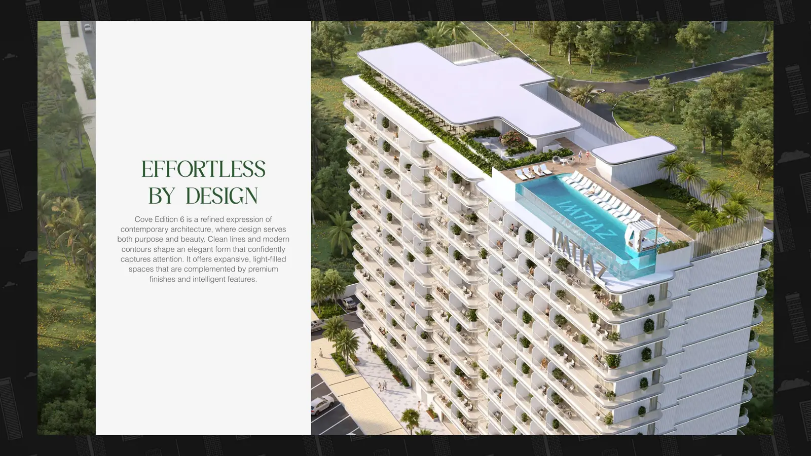 Aerial view of rooftop pool and facade