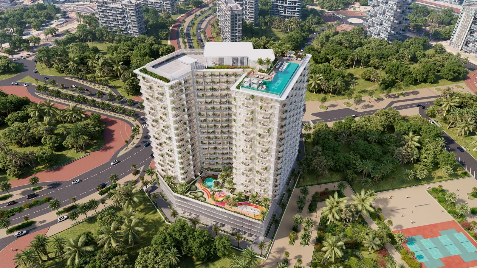 Aerial view of the tower with rooftop pool and podium deck