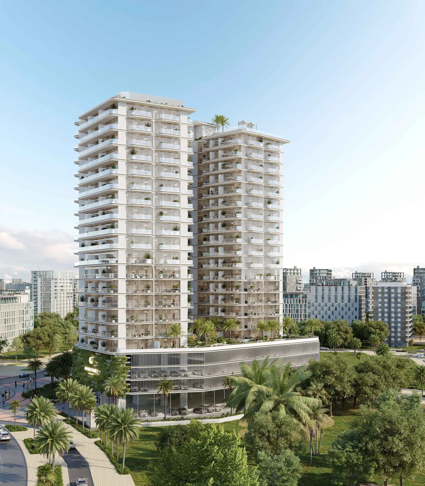 Two connected tower volumes with curved balconies