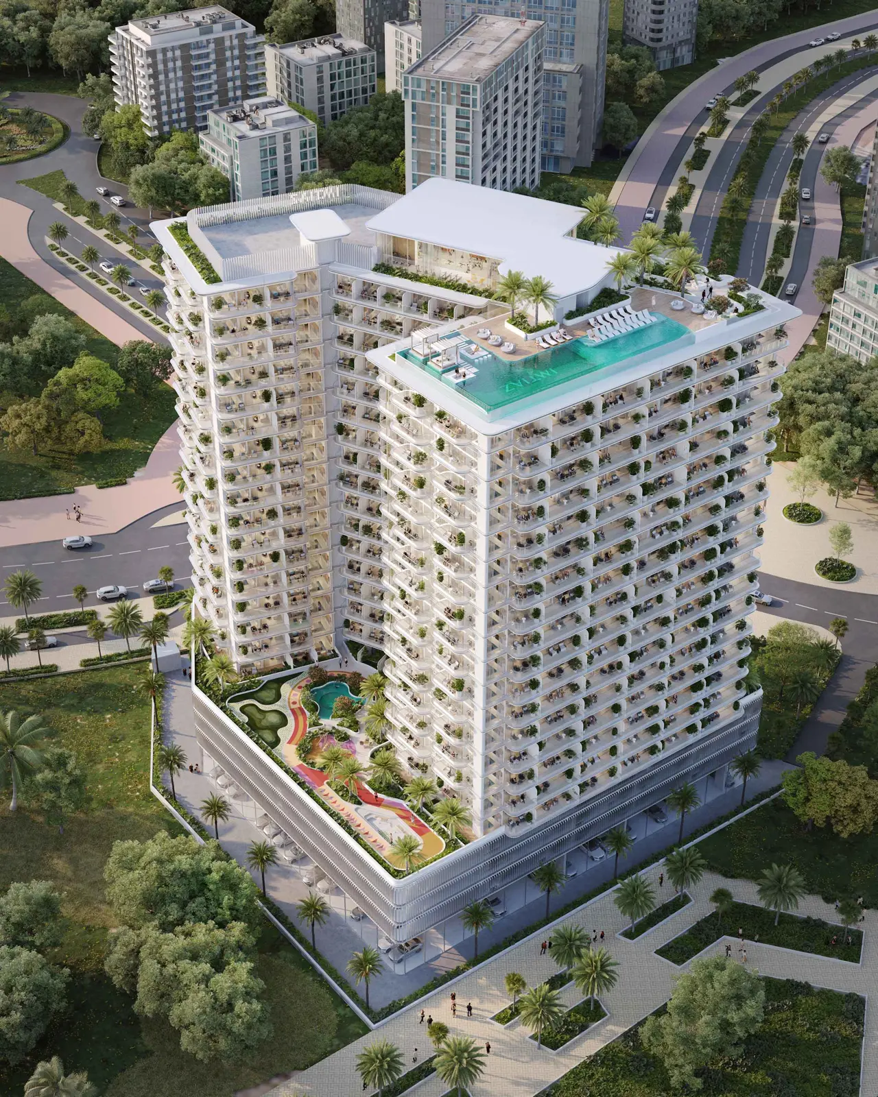 Aerial view of tower, rooftop pool and podium deck