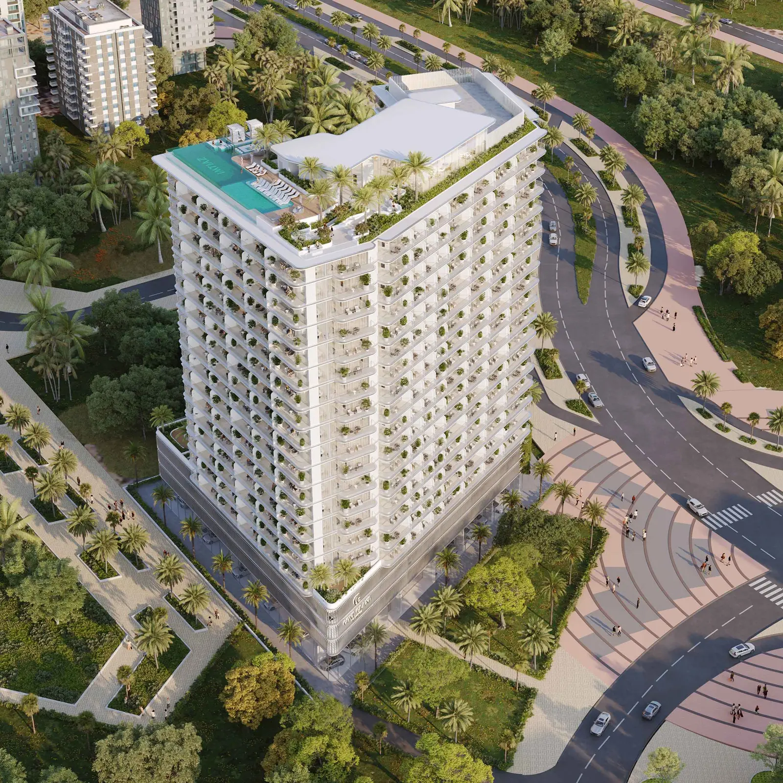 Aerial view of tower beside park and road