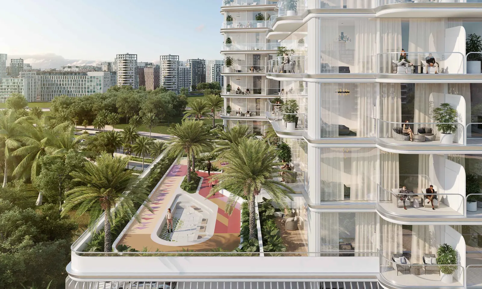 Podium terrace with palms and curved balconies