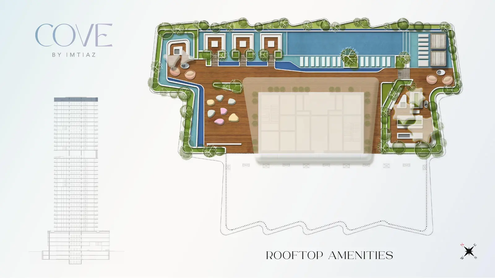 Rooftop amenity deck with pools and lounges