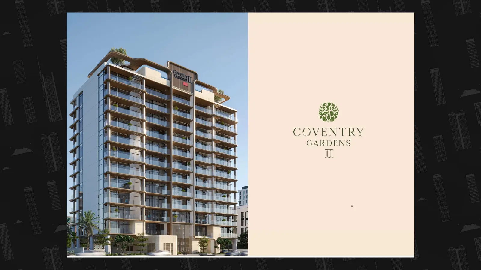 Mid-rise tower with balconies and rooftop greenery