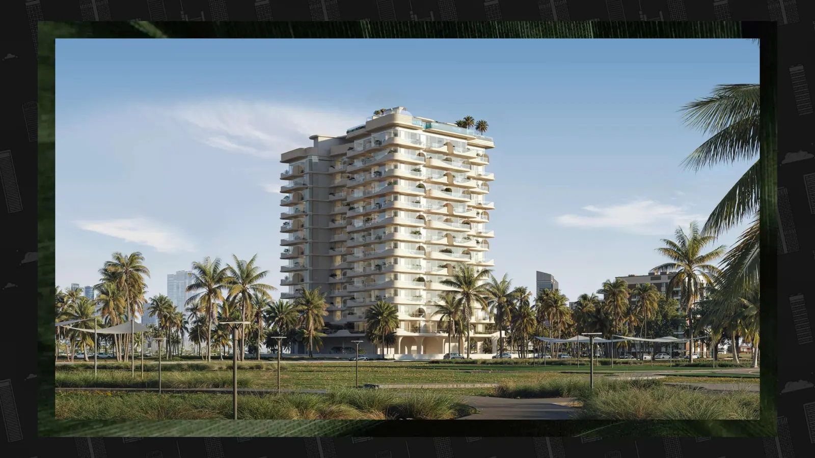 Full tower among palm trees and the park