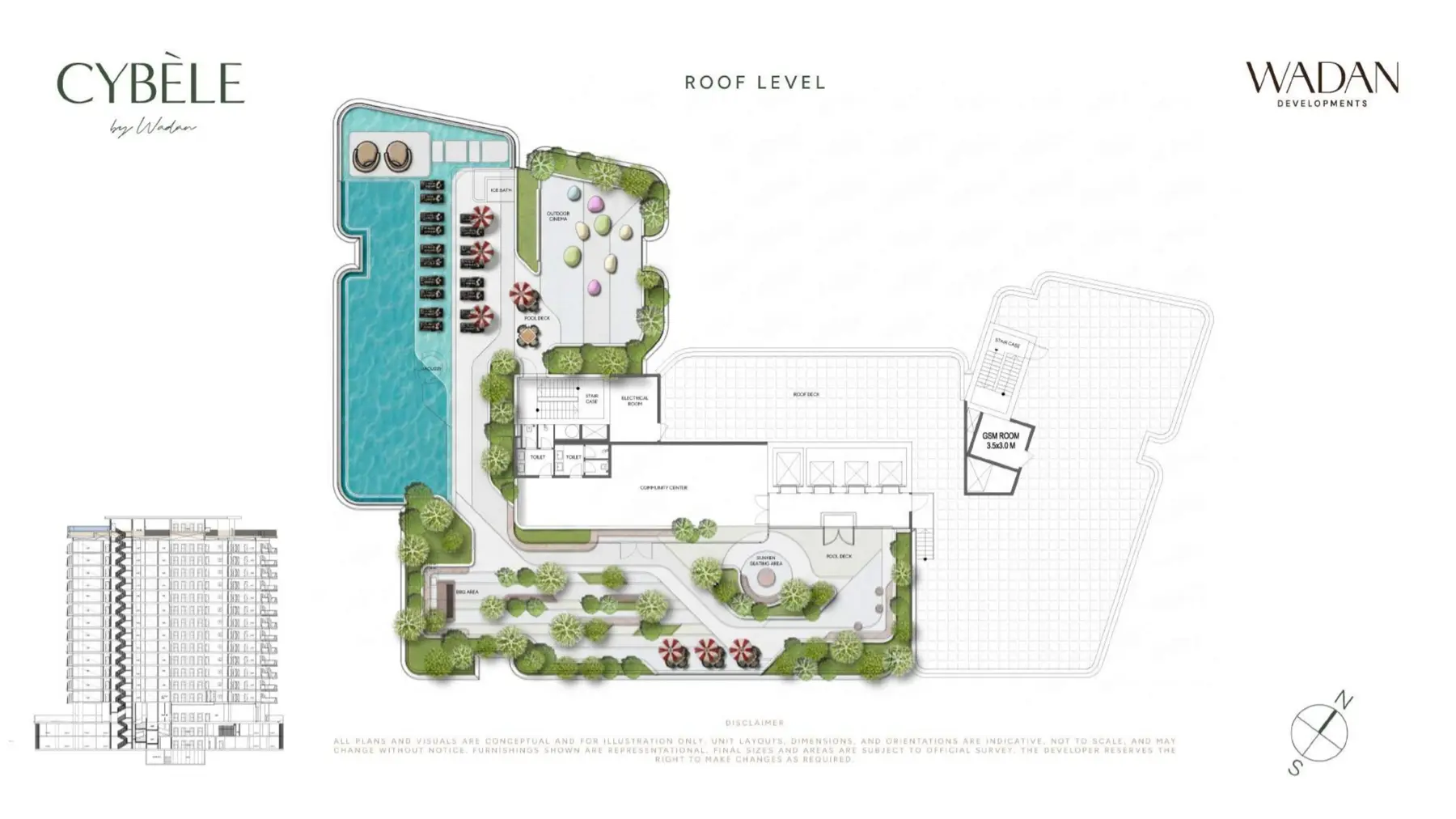Roof level plan with pool, gym and terraces