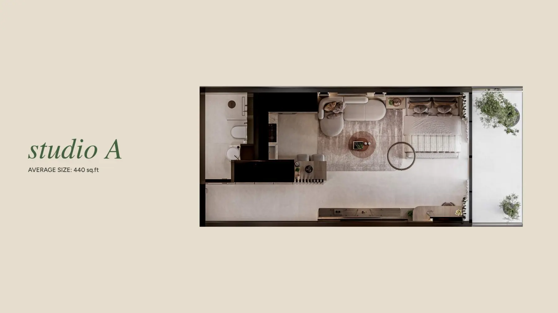 Studio A unit layout, 440 sq ft