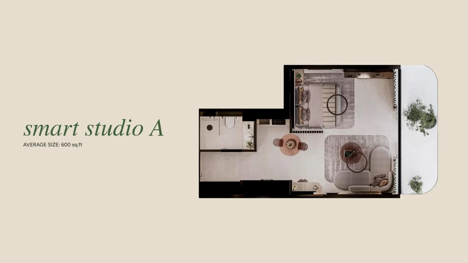 Smart studio A unit layout, 600 sq ft
