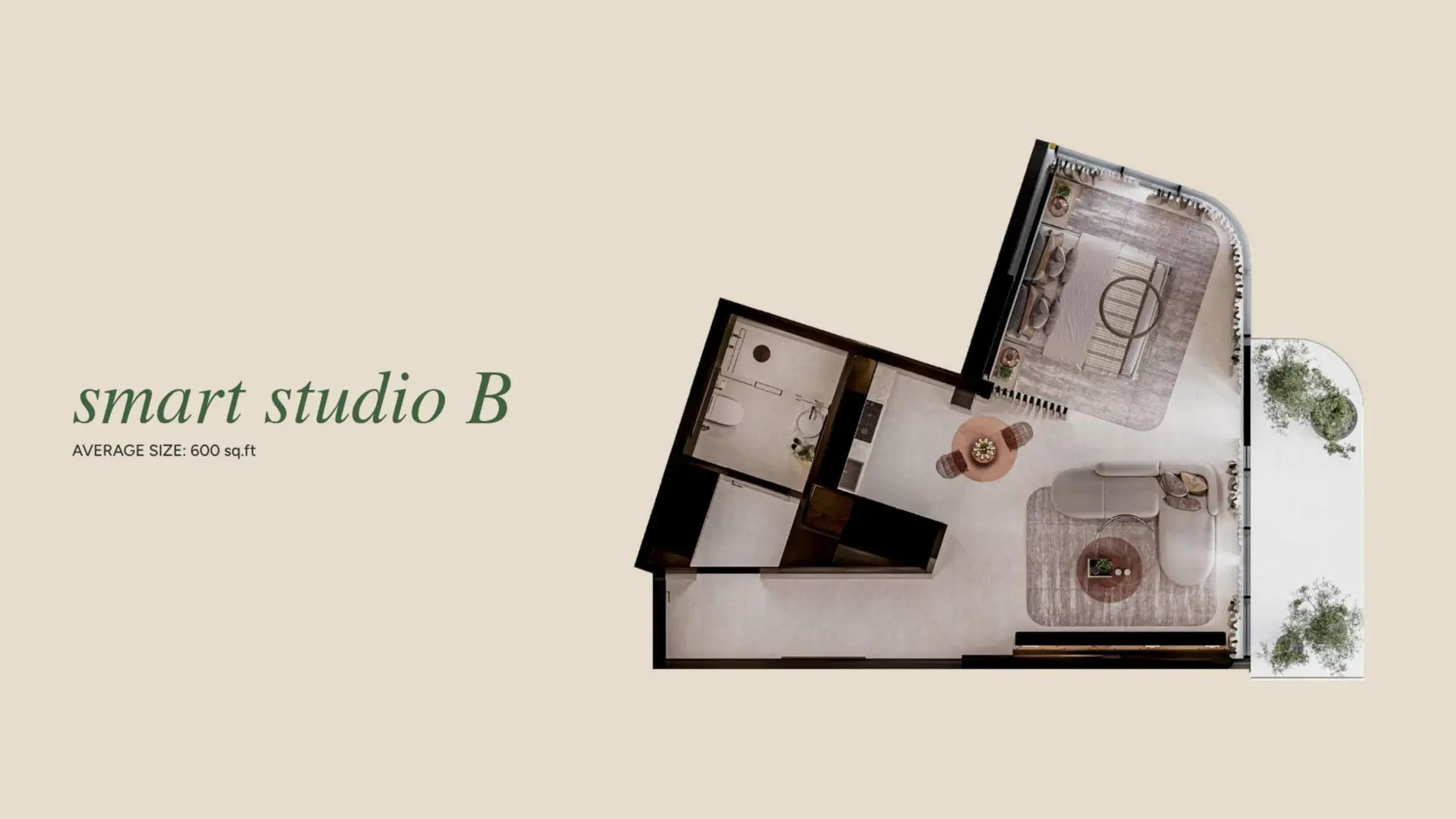 Smart studio B unit layout, 600 sq ft