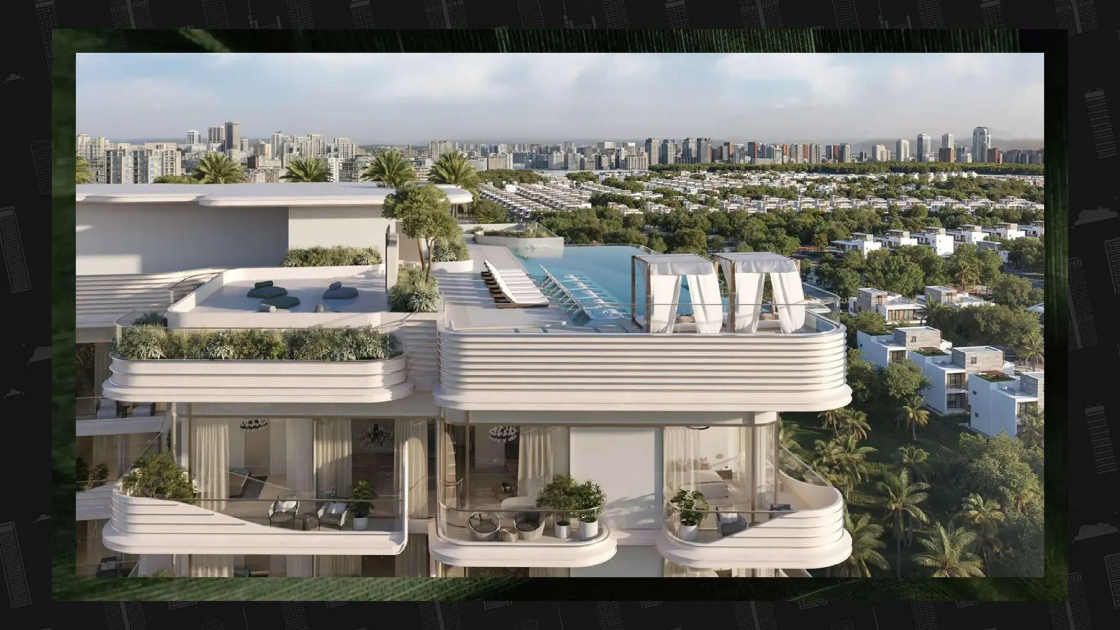 Rooftop pool and terraces seen from above