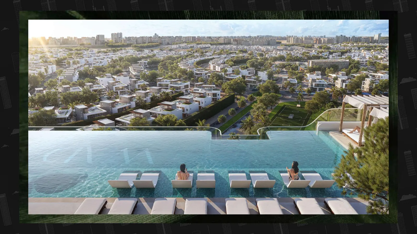 Rooftop infinity pool above villas and community park