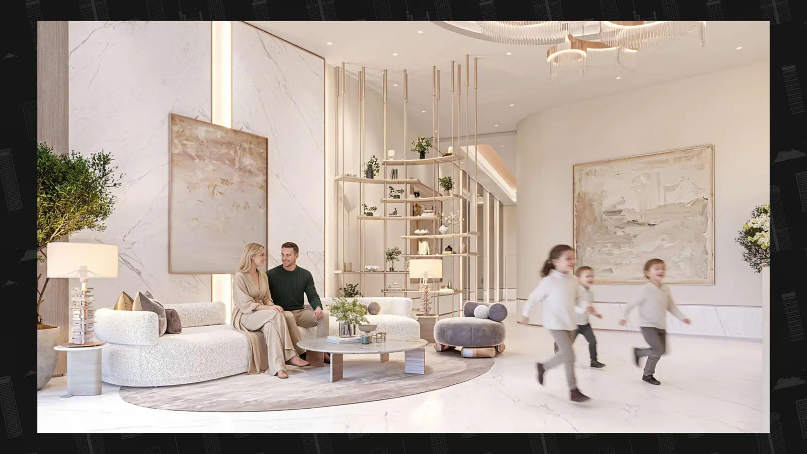 Lobby lounge with a family and sculptural shelving