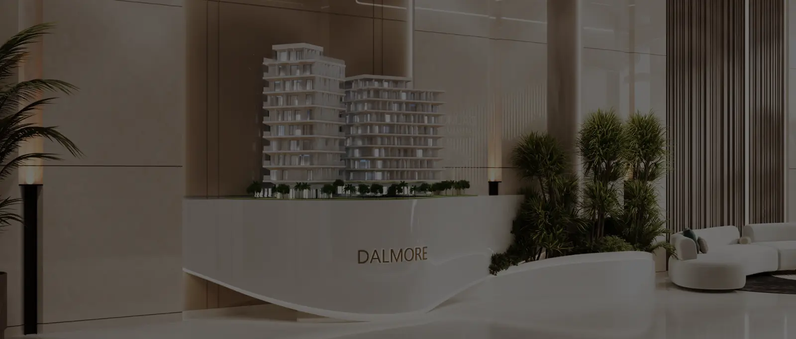 Lobby reception desk with a model of two towers
