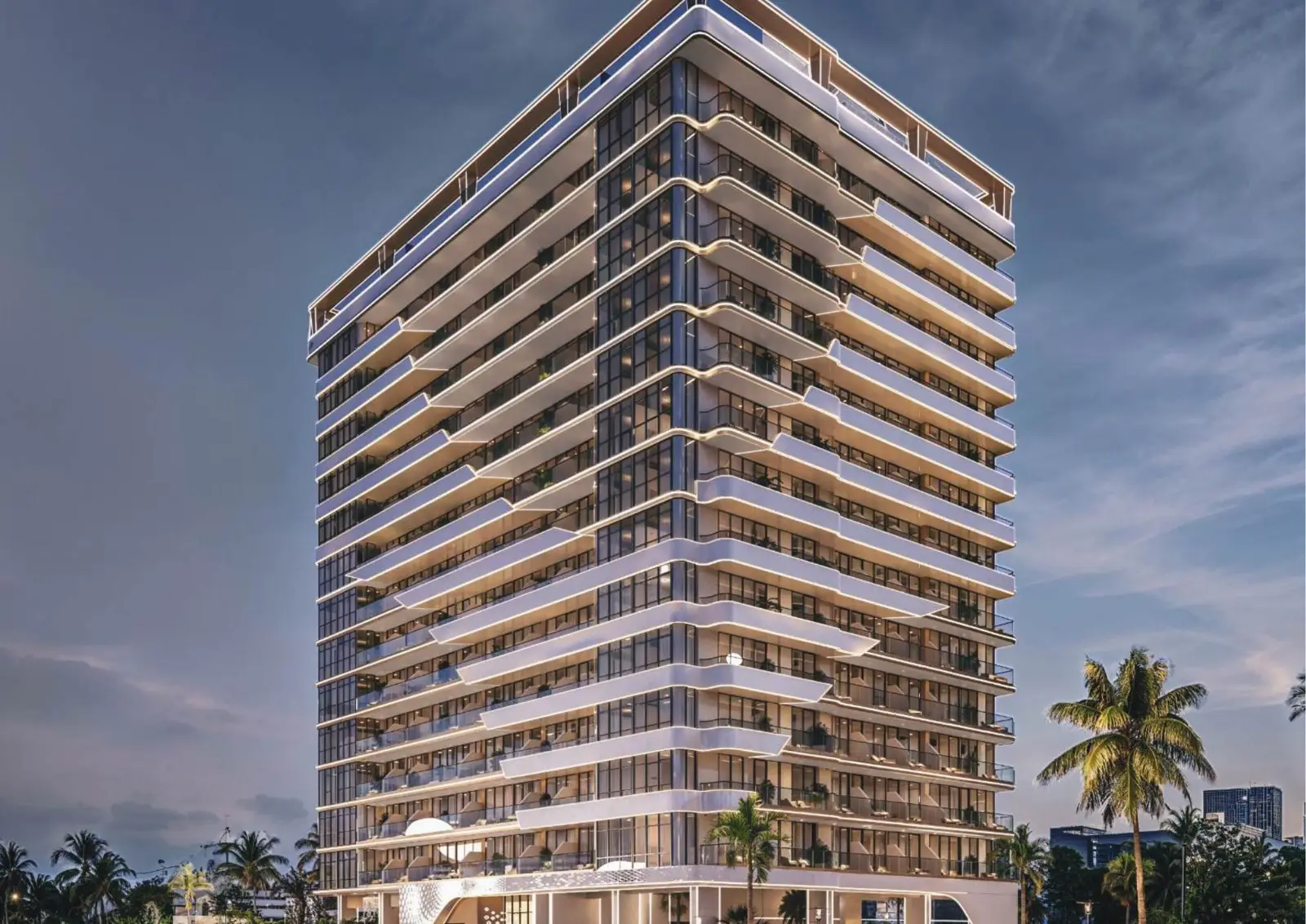 Tower with curved balconies at dusk